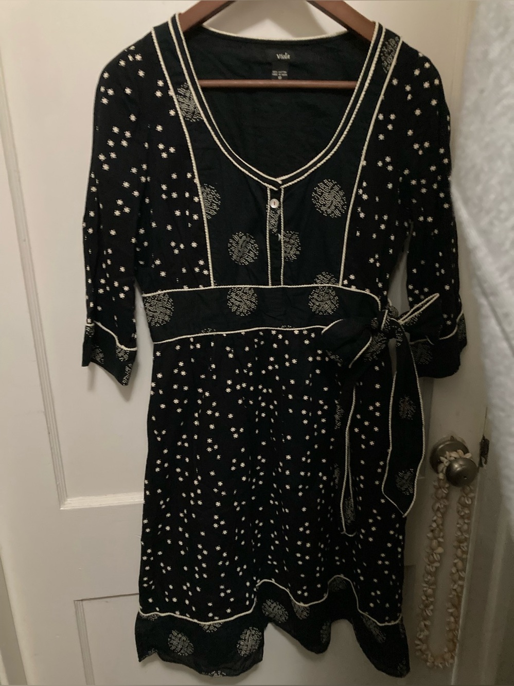 Viola India Black medium white Midi 100% cotton Dress with Embroidery and sash